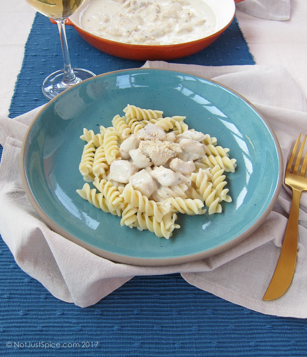 White Sauce Chicken Pasta | Fusilli with White Sauce and Chicken on notjustspice.com