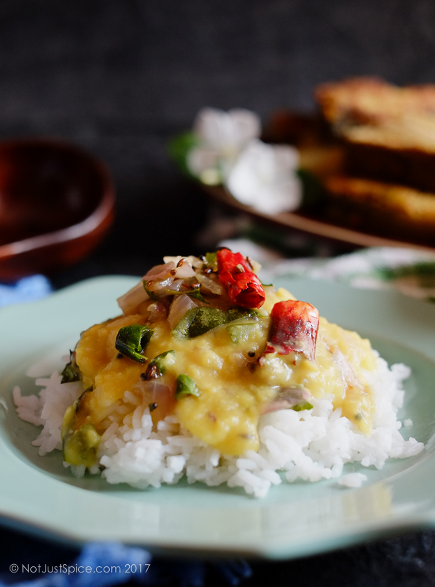 9-Ingredient Vegan Yellow Lentil Curry Indian Style | Easy Peasy Dal Recipe | Simple Tuvaram Paruppu Kulambu on notjustspice.com
